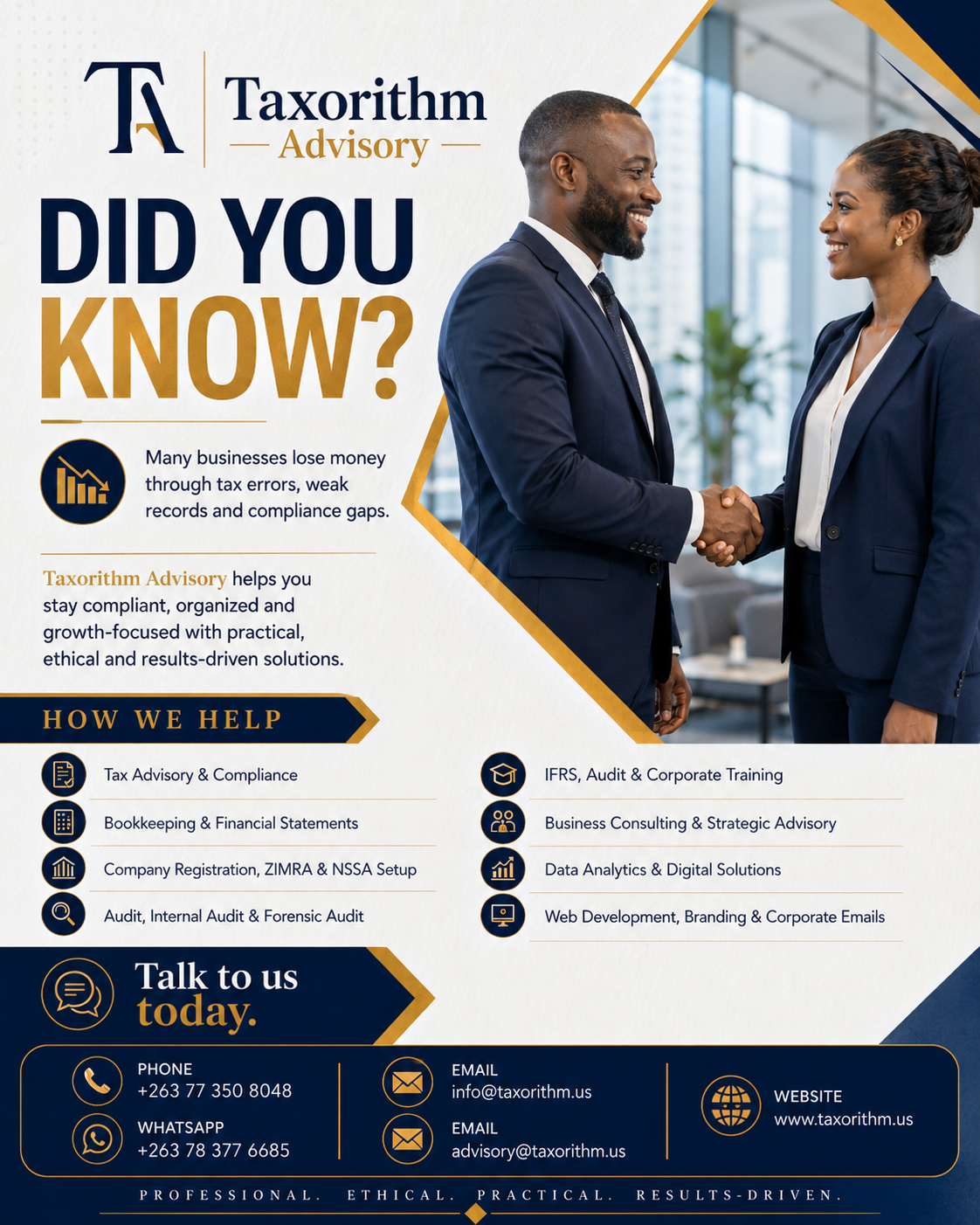 Taxorithm Advisory client confidence message showing satisfied professionals shaking hands